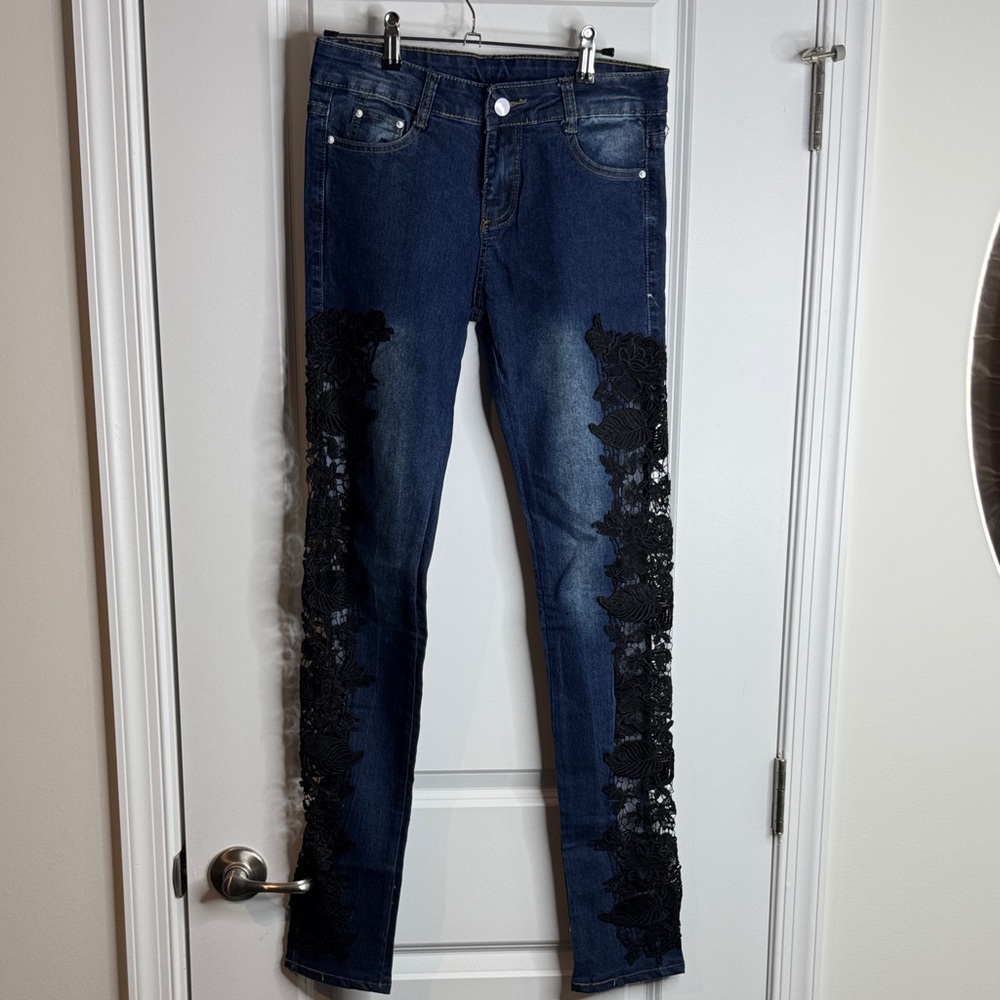 Dark Blue Skinny Jeans with Black Lace Side Panels